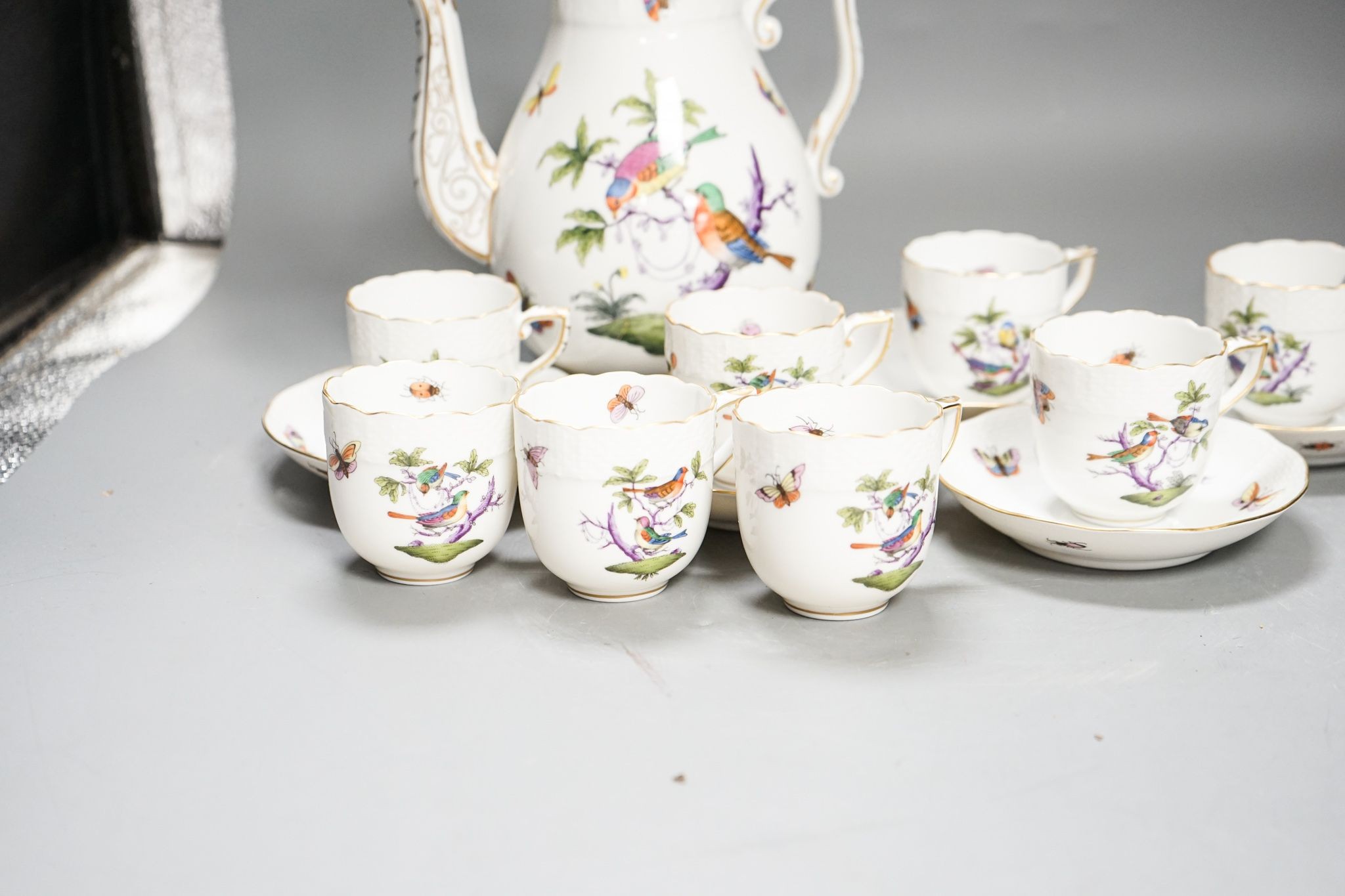 A Herend Rothschild birds pattern coffee pot and cover and eight coffee cups and five saucers